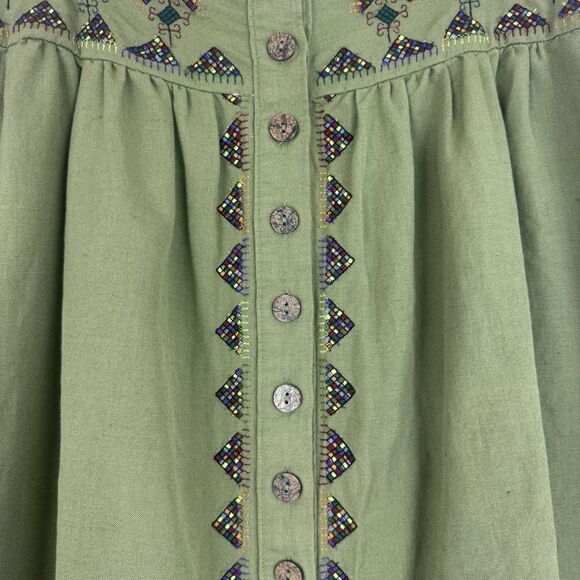Anthropologie Maeve Embroidered Linen Cotton Button Front Smocked Skirt Green 6 - Picture 5 of 16